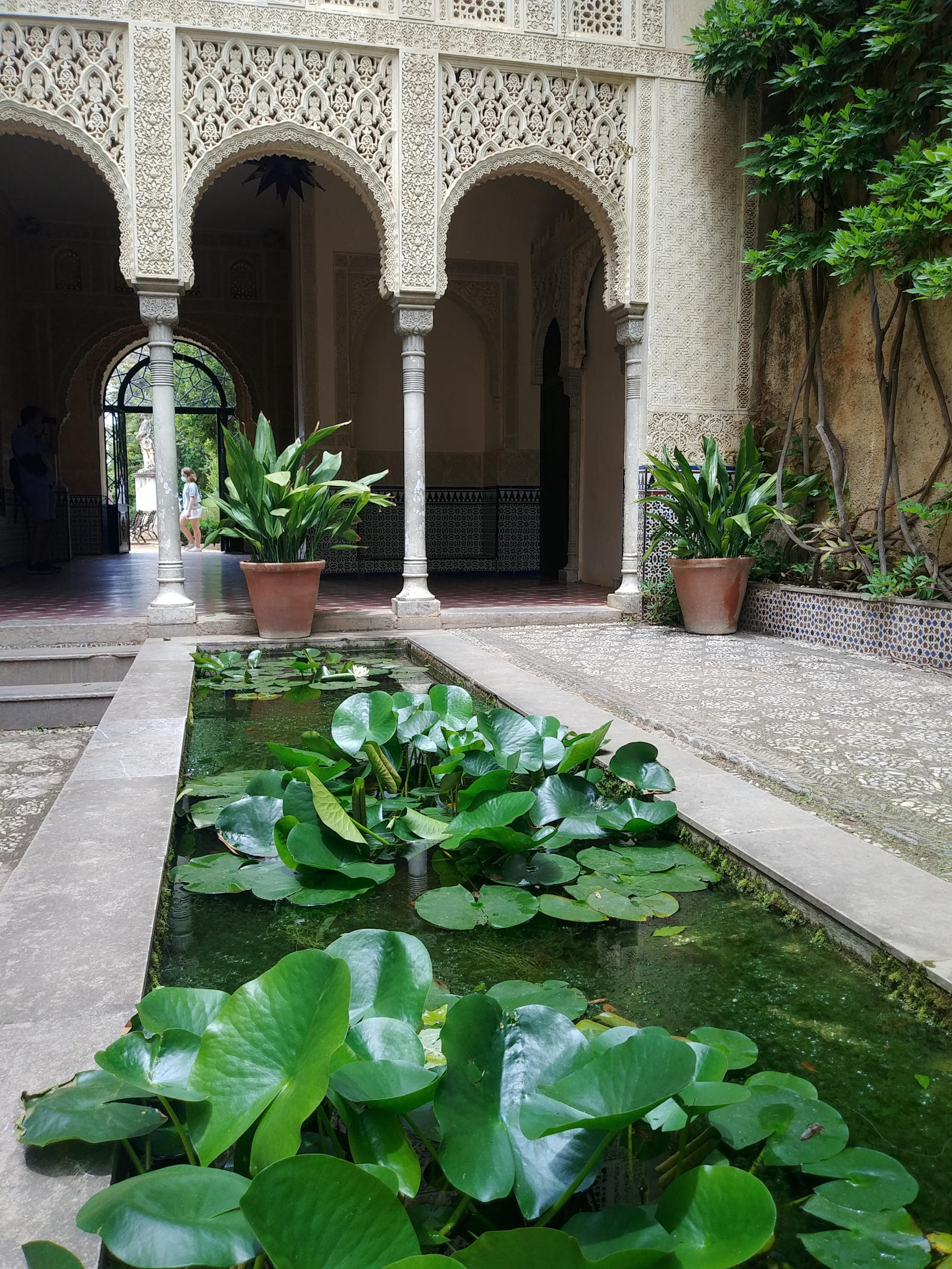 lily pond into palace Carmen los Martires with arabesque pattern on the wall